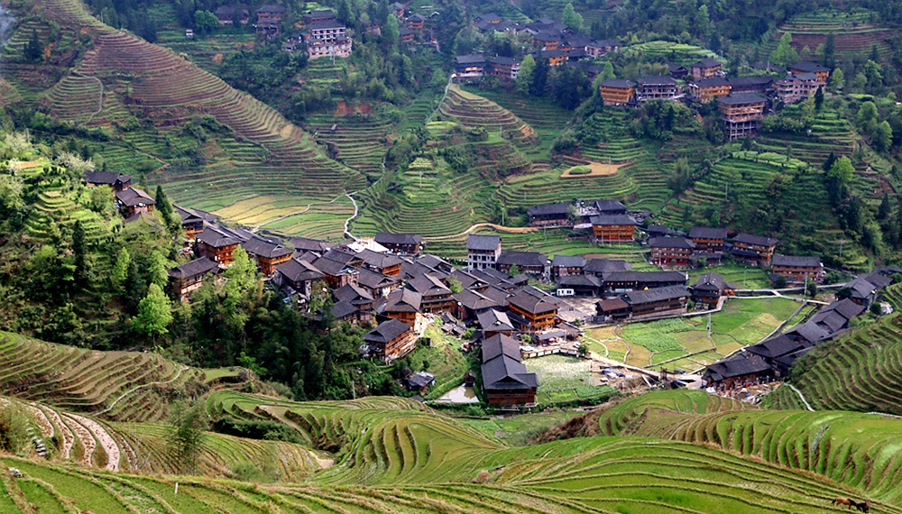 Terraced fields surrounding Liannan Yao Village, with distinct layers and varying scenery in different seasons